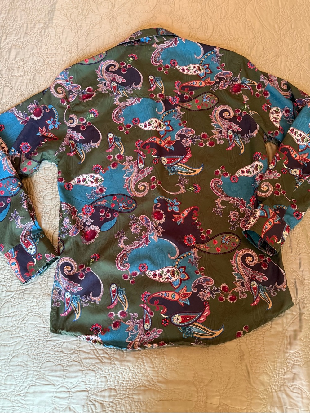 The American West Gemstone Paisley Snap Shirt M Olive Turquoise Western Cowgirl - Picture 7 of 11